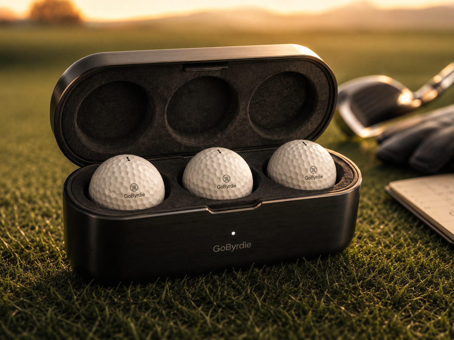 GoByrdie Starterkit: drei smarte Golfbälle im Ladecase
