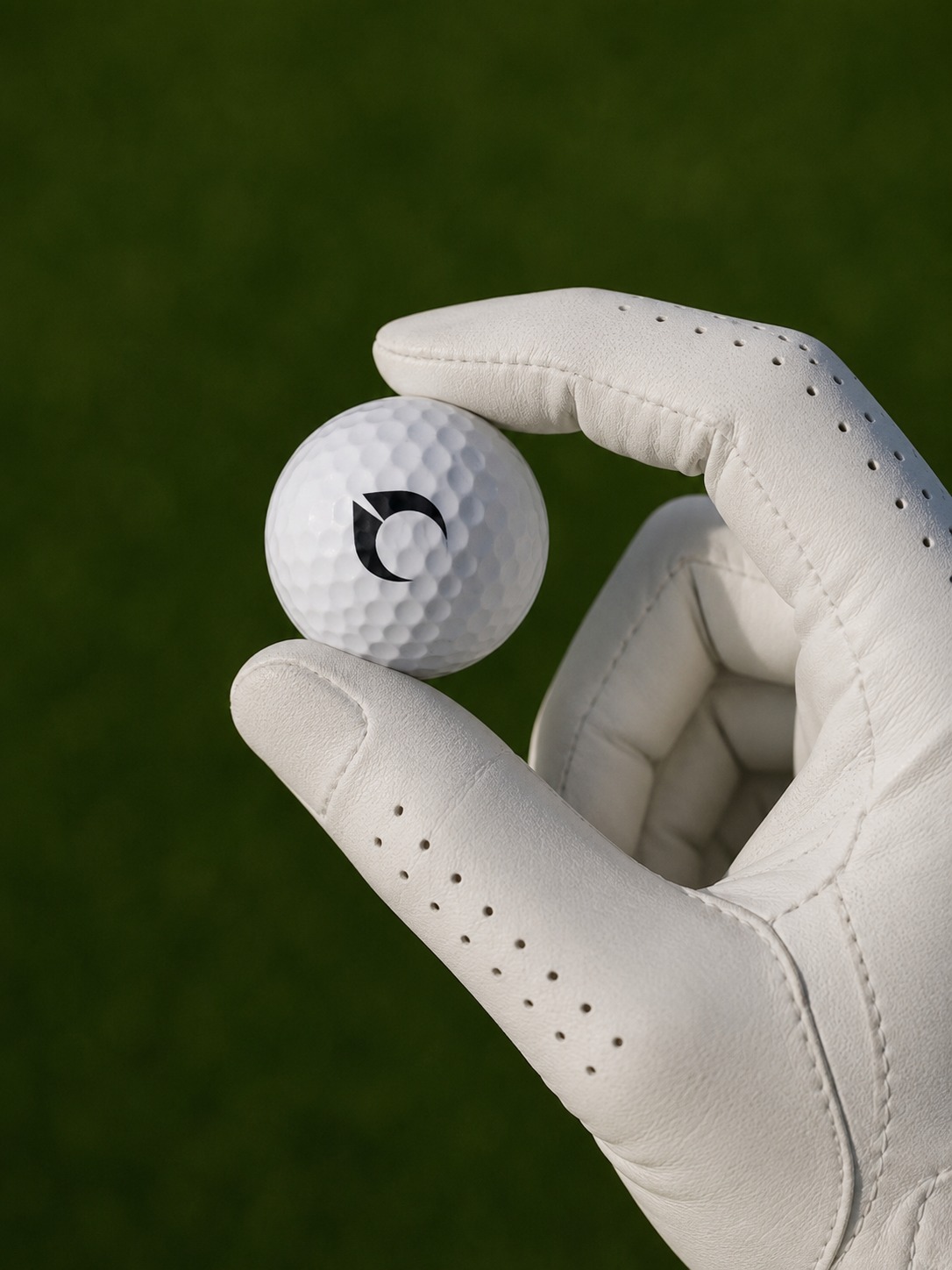 GoByrdie Ball zwischen zwei Fingern eines Golfhandschuhs